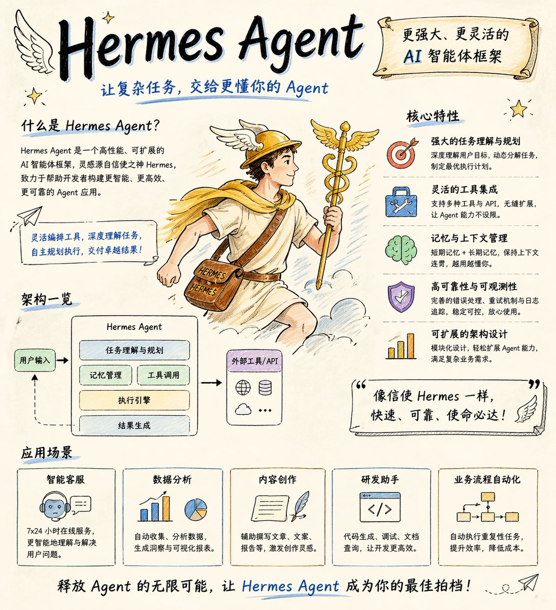 Hand-drawn Hermes Agent Poster のQwen Imageプロンプト例: A prompt for creating a hand-drawn style promotional poster for a technical agent, emphasizing a clean and artistic sketch...