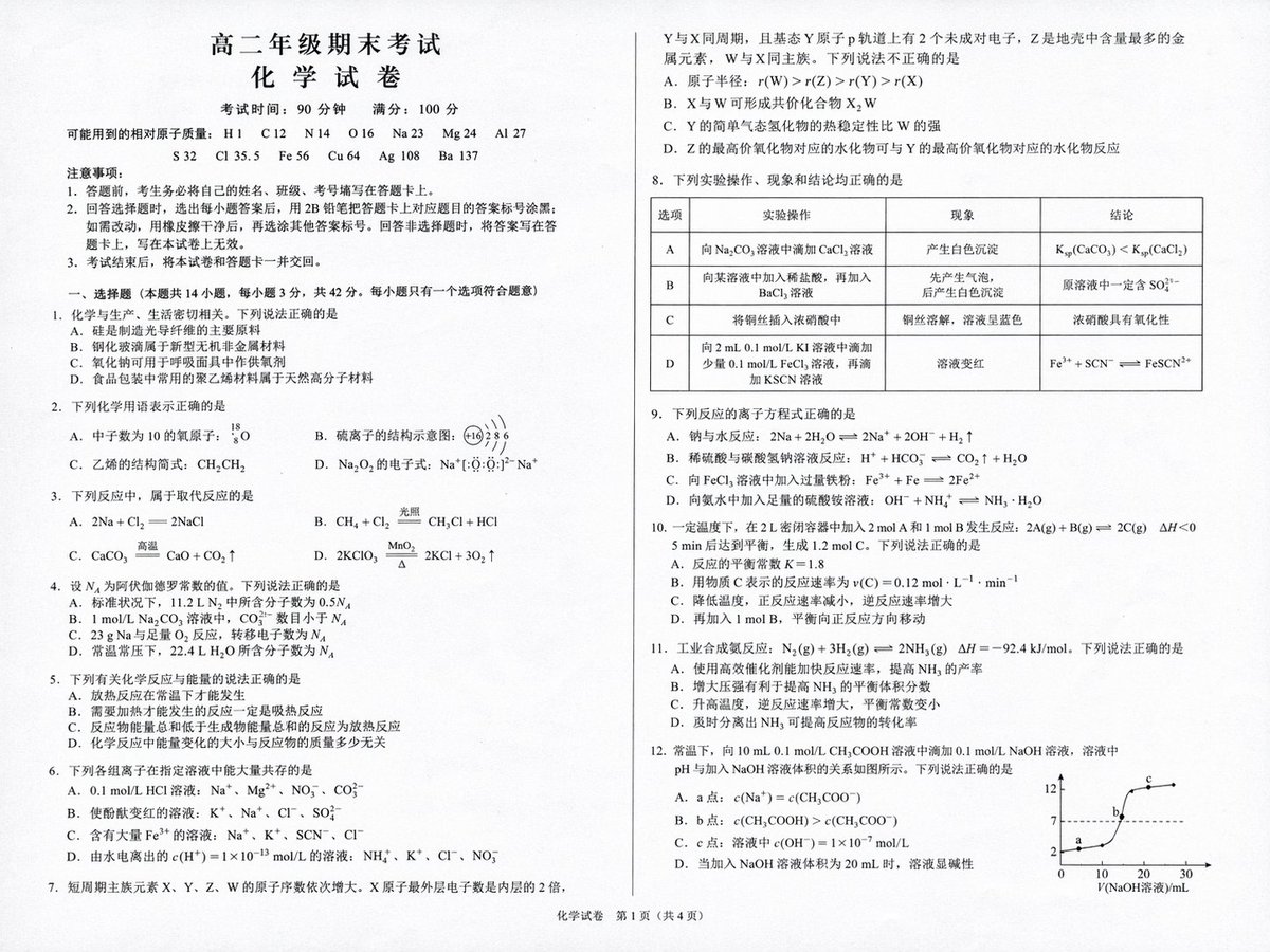 High School Chemistry Exam Simulation のQwen Imageプロンプト例: A prompt to generate a realistic scanned image of a Chinese high school chemistry final exam paper with specific layout...
