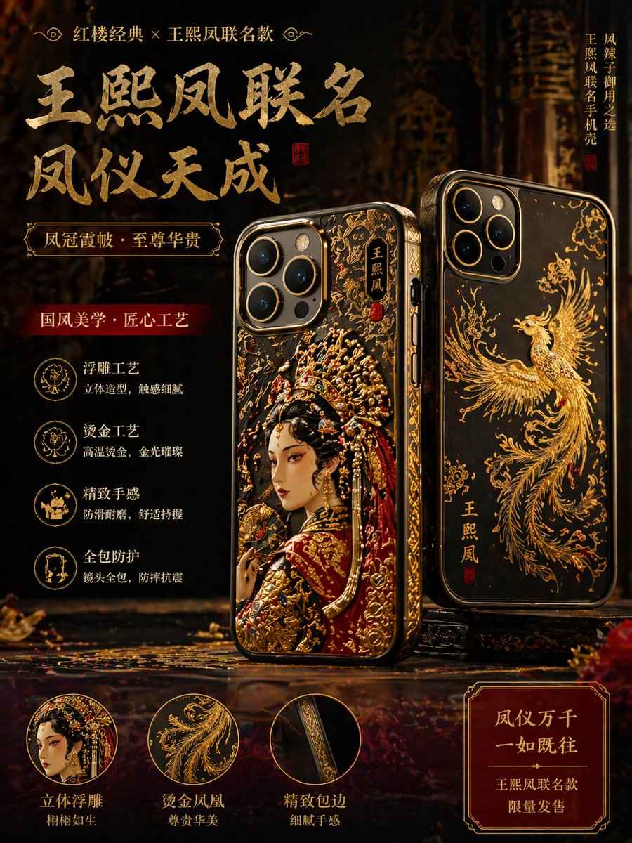 Classical Literature Themed Phone Case Prompt のQwen Imageプロンプト例: A prompt for a decorative phone case design inspired by classical Chinese literature, featuring gold relief and...