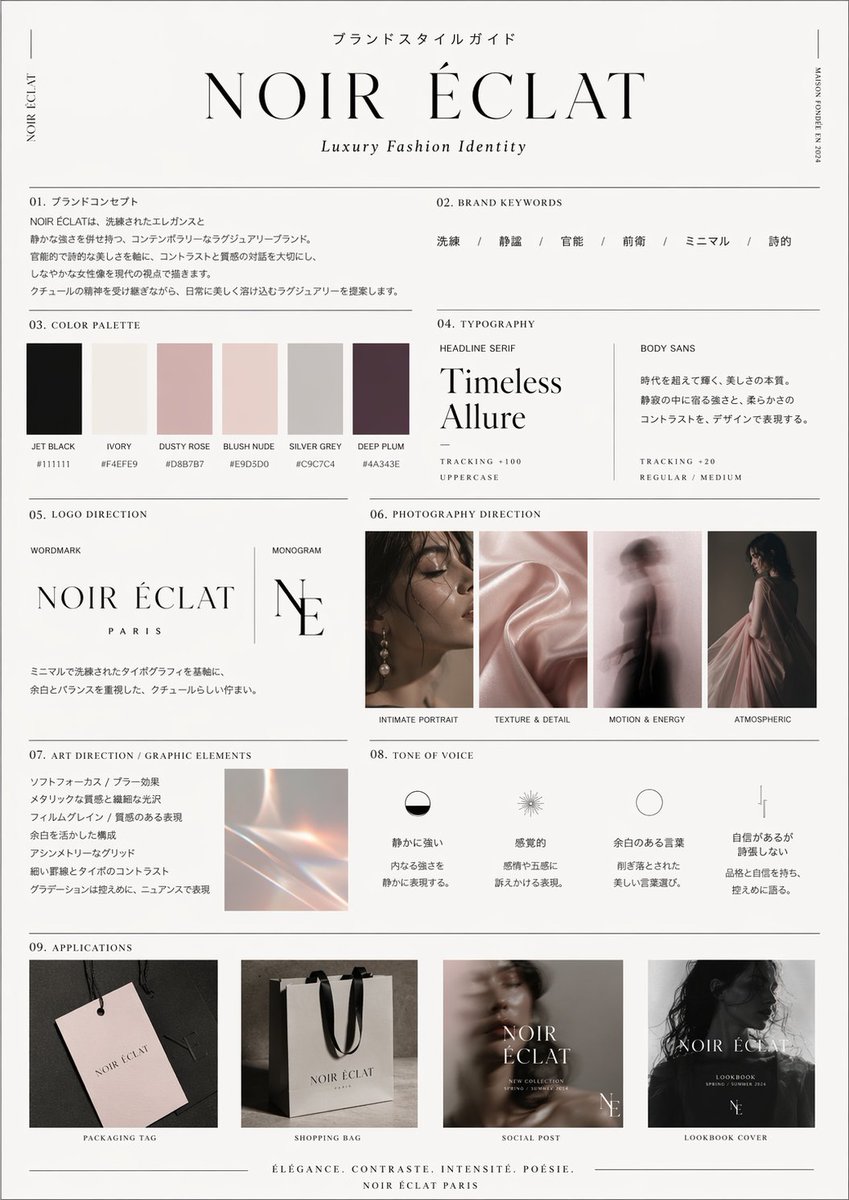 High-End Brand Guide Prompt Qwen Image prompt example: A prompt used to generate a professional brand guide aimed at a specific demographic with a luxury aesthetic.