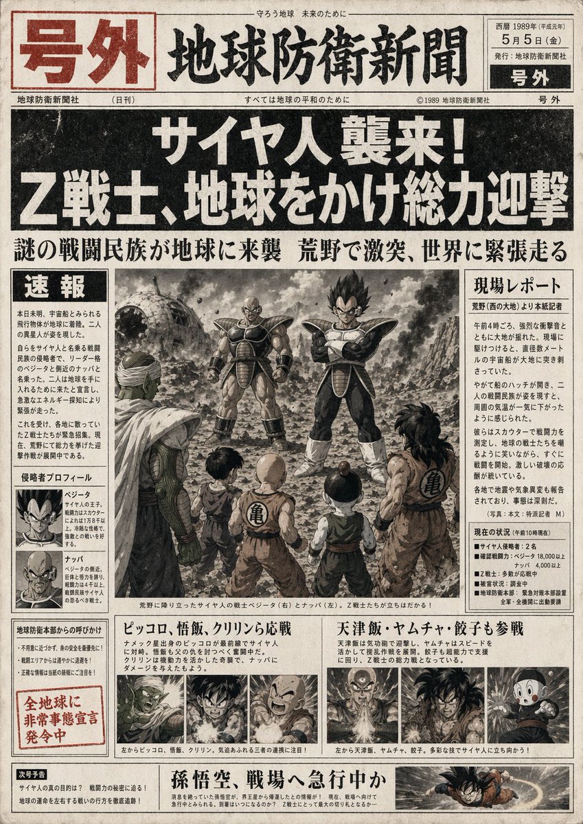 Fictional Newspaper Newspaper Extra のQwen Imageプロンプト例: A prompt generating a historical newspaper extra about a fictional alien invasion event.
