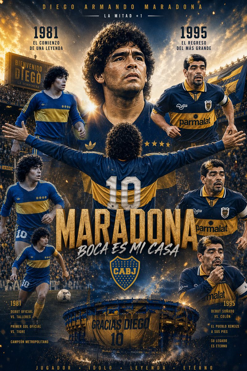 Maradona Boca Juniors Infographic Poster 的 GPT Image 2 提示词示例图：A prompt designed to create a professional infographic poster of Diego Maradona during his career at Boca Juniors.