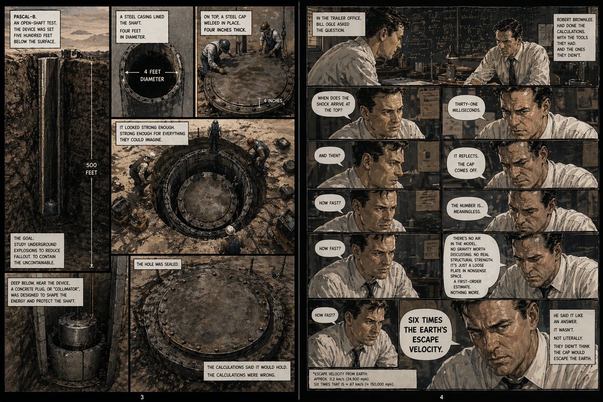 Pascal-B Comic Strip History 的 GPT Image 2 提示词示例图 变化图 2:A prompt to generate a comic strip about the Pascal-B nuclear test, depicting the moment a steel manhole cover was...