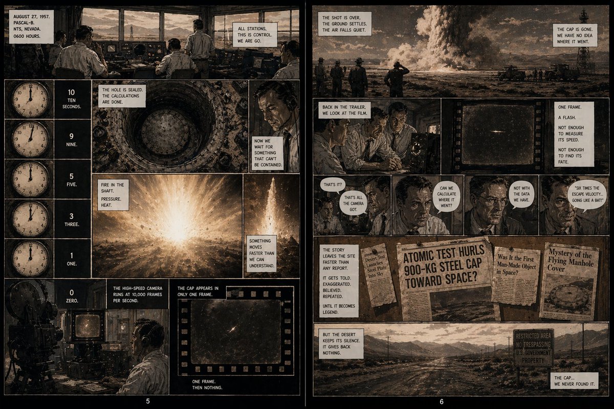Pascal-B Comic Strip History 的 GPT Image 2 提示词示例图 变化图 3:A prompt to generate a comic strip about the Pascal-B nuclear test, depicting the moment a steel manhole cover was...