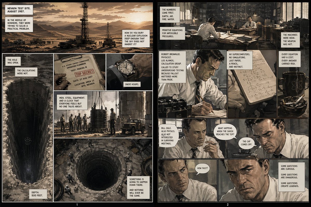 Pascal-B Comic Strip History 的 GPT Image 2 提示词示例图:A prompt to generate a comic strip about the Pascal-B nuclear test, depicting the moment a steel manhole cover was launched into...