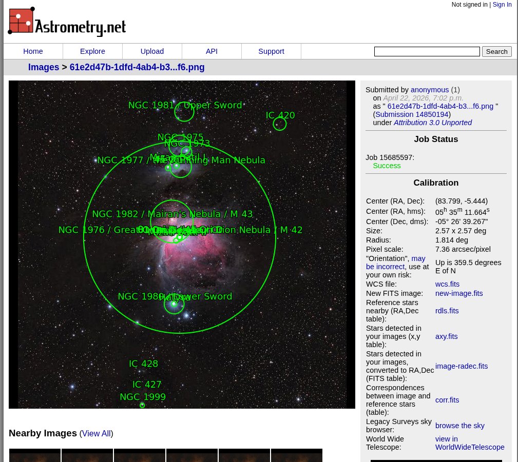 Astronomical Orion Nebula Generation のQwen Imageプロンプト例 バリエーション 2: A scientific prompt used to generate a plate-solvable, accurate image of the Orion Nebula.