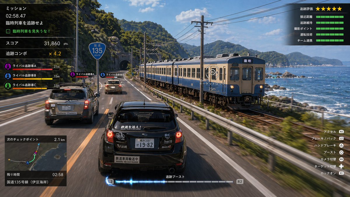 Train Photography Game Simulation GPT Image 2 prompt example: Generates a screen capture from a fictional video game focused on the theme of train spotting photography.