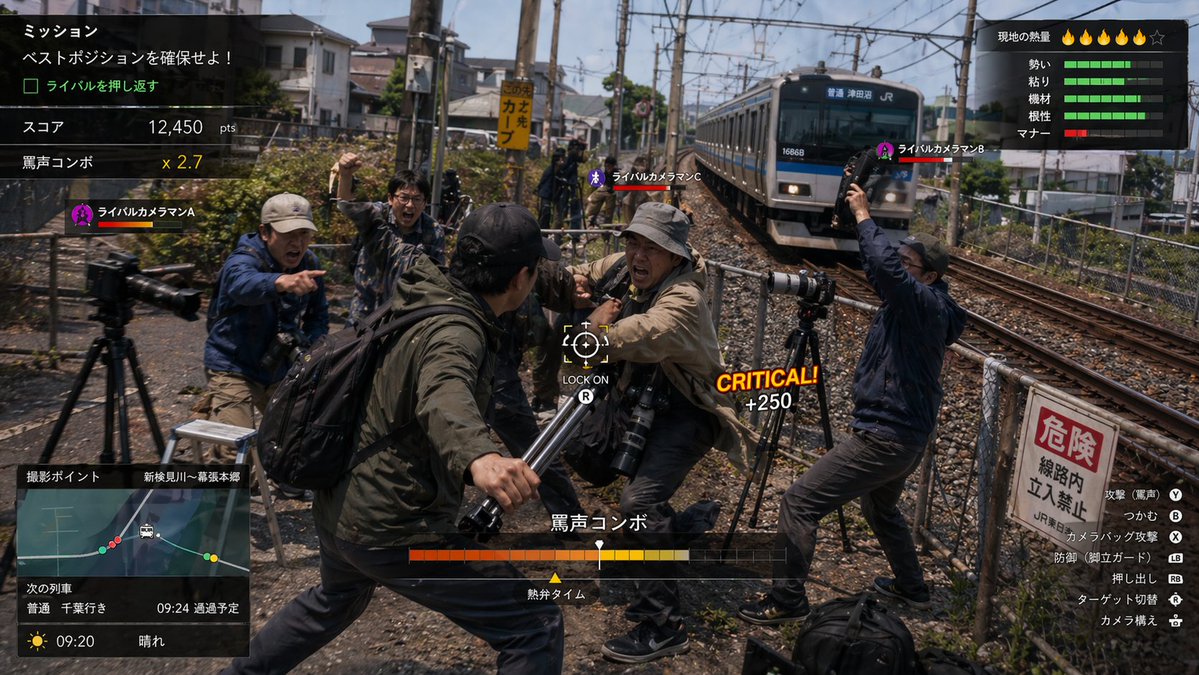 Train Photography Game Simulation GPT Image 2 prompt example variation 3: Generates a screen capture from a fictional video game focused on the theme of train spotting photography.