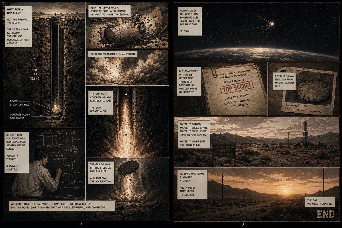 Pascal-B Comic Strip History 的 GPT Image 2 提示词示例图 变化图 4:A prompt to generate a comic strip about the Pascal-B nuclear test, depicting the moment a steel manhole cover was...