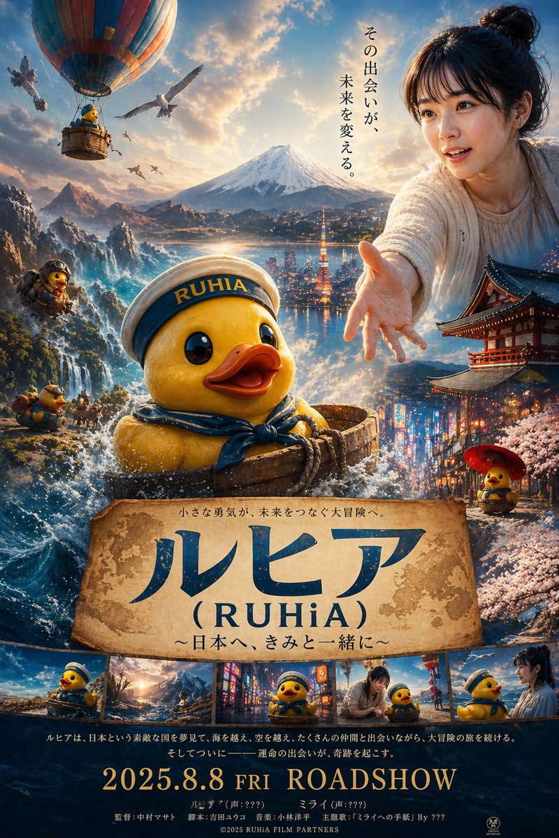 Rubber duck adventure movie poster prompt 的 Qwen Image 提示词示例图:A creative prompt for generating a live-action movie poster featuring a rubber duck character named RUHiA on an...