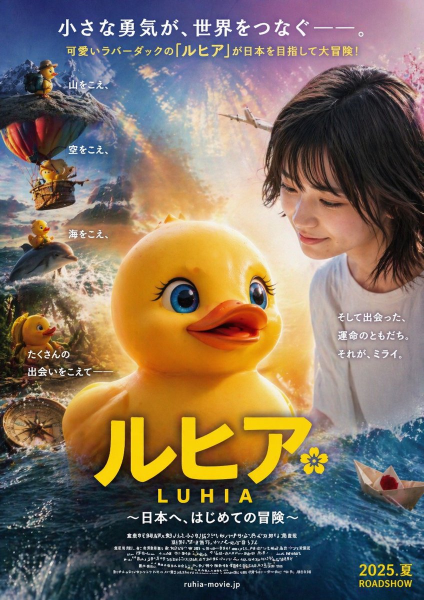 Rubber duck adventure movie poster prompt 的 Qwen Image 提示词示例图 变化图 2:A creative prompt for generating a live-action movie poster featuring a rubber duck character named RUHiA on...