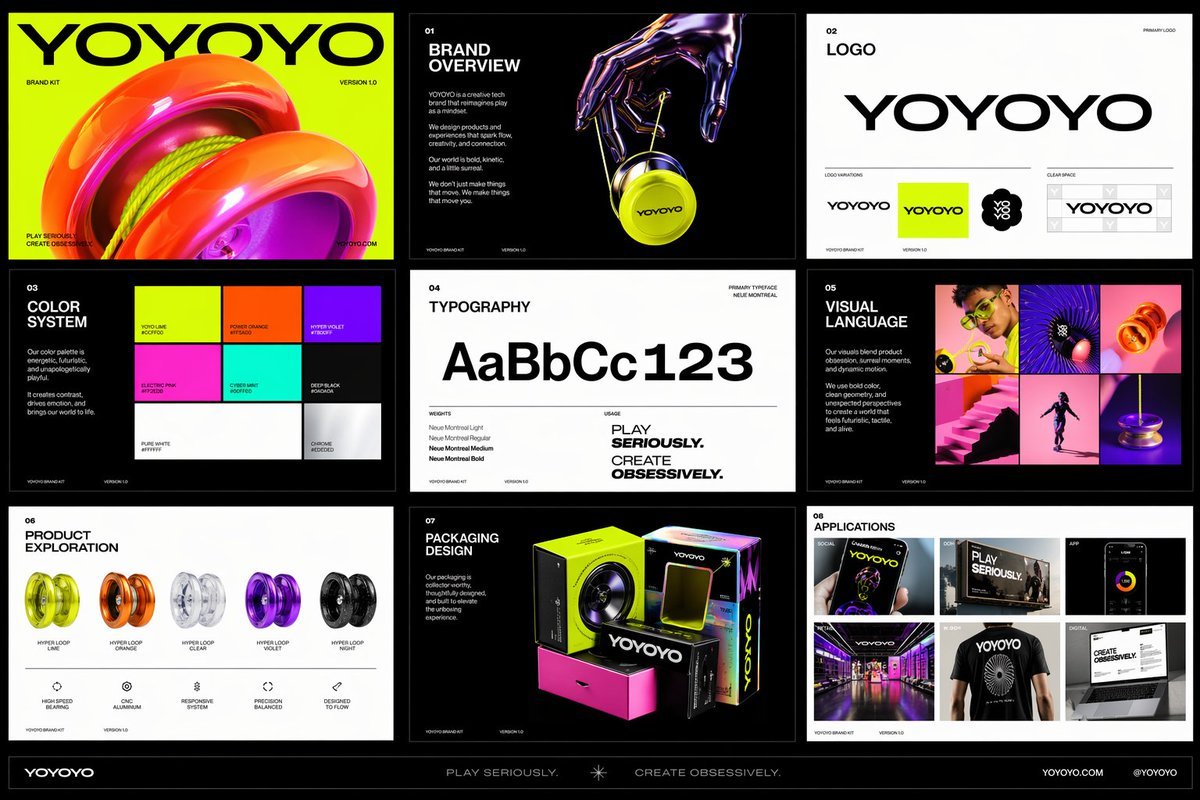 Futuristic Yo-Yo Brand Book Board Qwen Image prompt example: A polished multi-panel brand identity board for a futuristic yo-yo company, useful for generating brand books, launch...