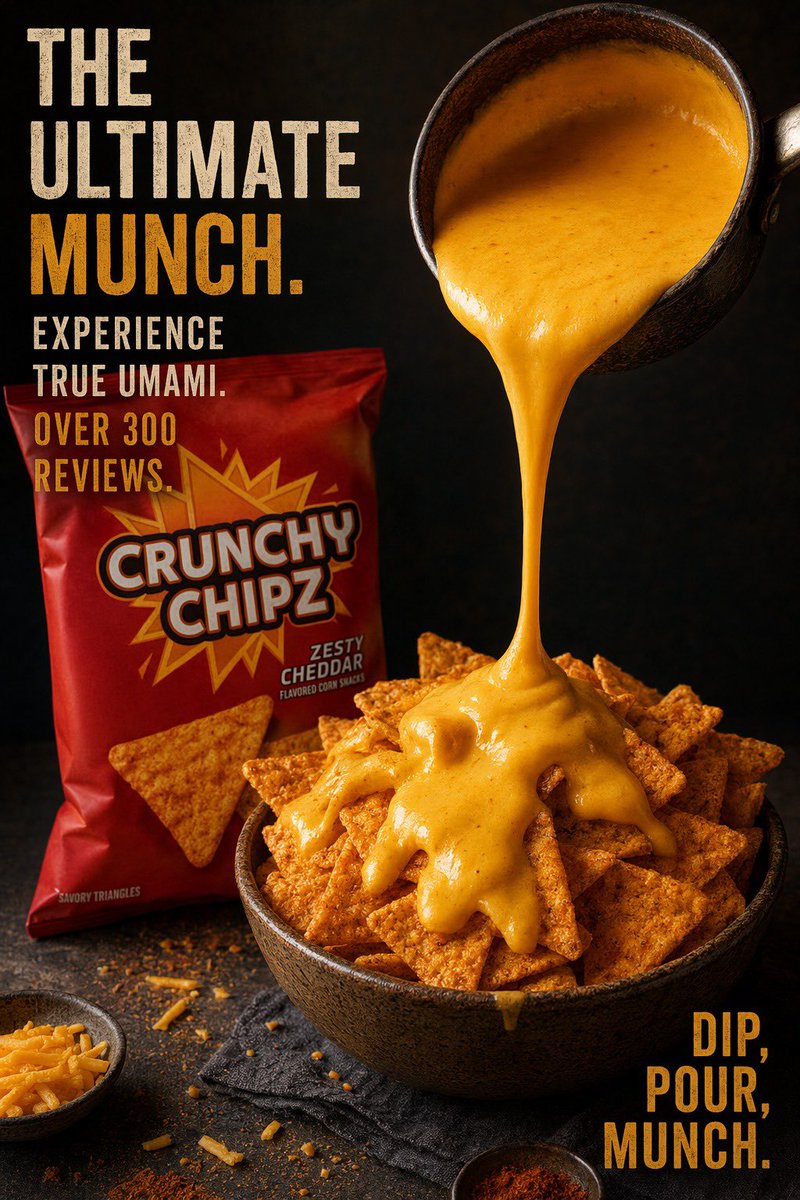 Cheesy Chips Snack Ad Poster GPT Image 2 prompt example: This prompt generates a bold commercial food poster for a cheesy corn chip brand, ideal for ads, packaging mockups, and...