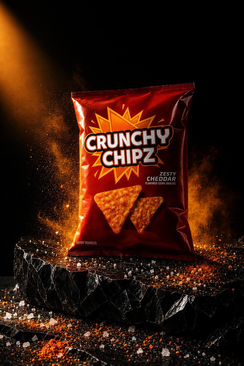 Spicy Snack Bag Product Ad Qwen Image 프롬프트 예시: This prompt generates a dramatic commercial product shot of a bold red chip bag on a black stone pedestal with fiery orange...