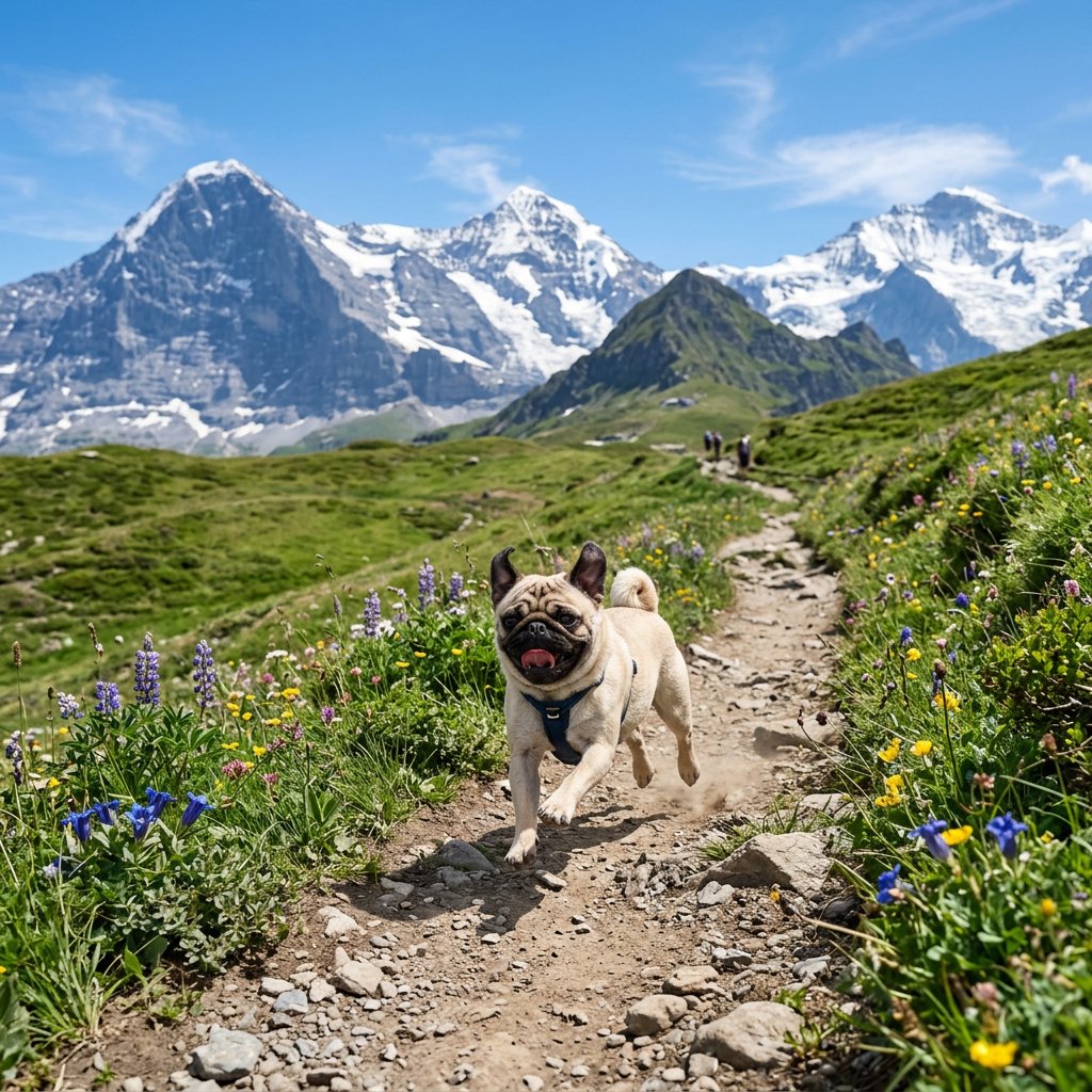 Pug Running on Alpine Trail Qwen Image prompt example: This prompt generates a vibrant travel-style action photo of a happy pug running along a flower-lined mountain hiking path,...
