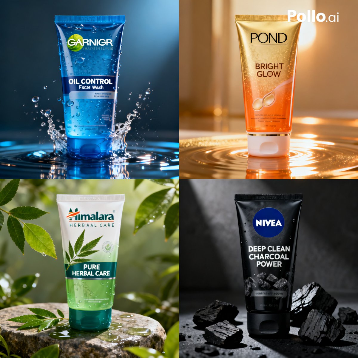 4-Panel Face Wash Ad Grid Qwen Image prompt example: This prompt generates a polished four-panel skincare advertisement collage showing different face wash products in themed...