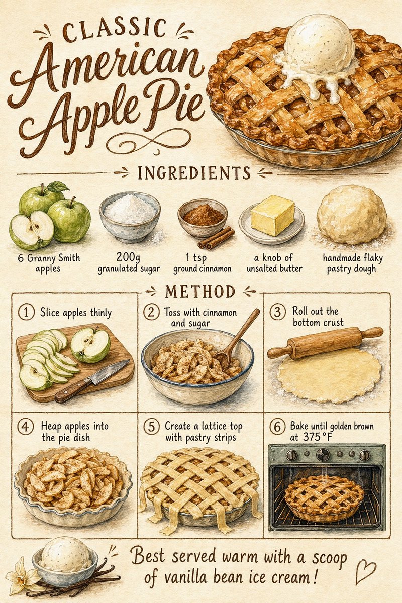 Vintage Apple Pie Recipe Poster Qwen Image prompt example: A nostalgic illustrated recipe poster showing ingredients and six step-by-step panels for making a classic American...