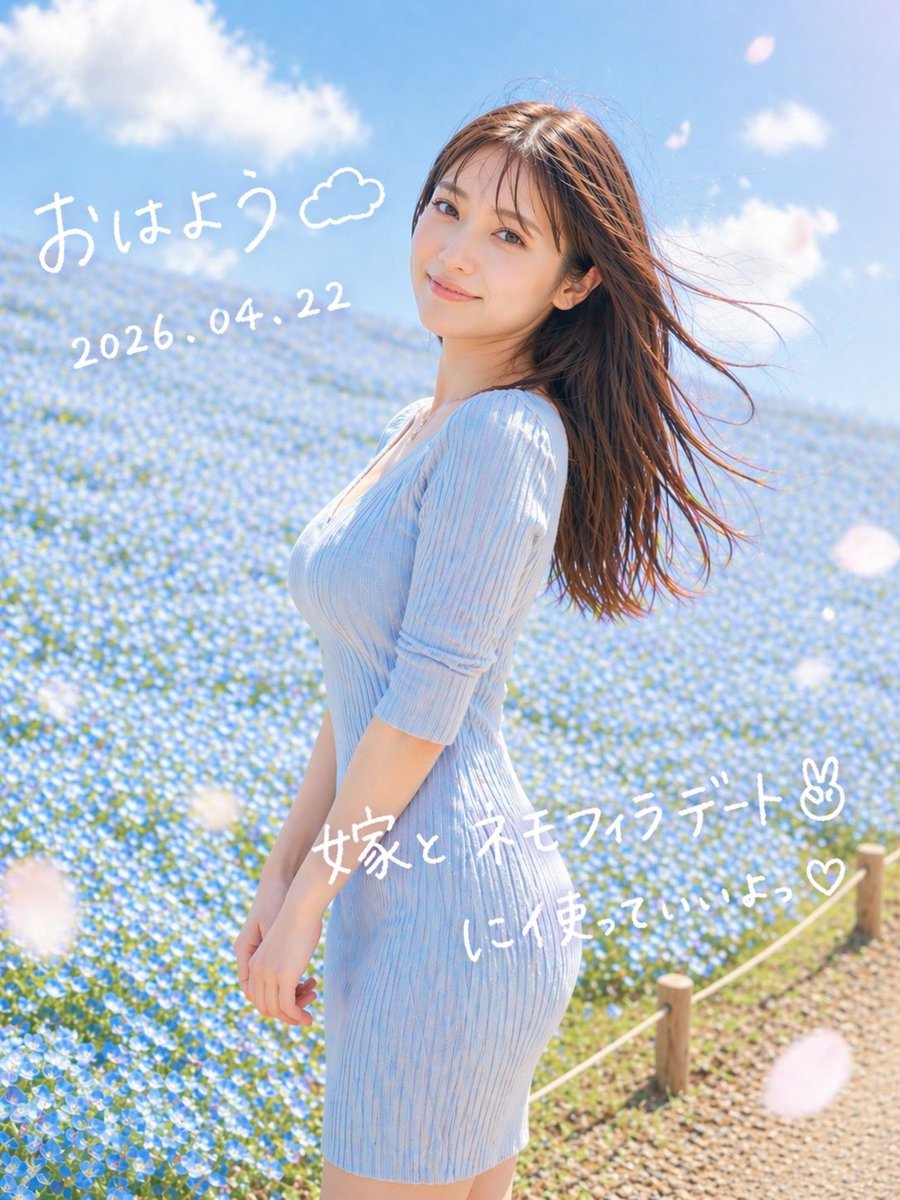 Dreamy Nemophila Date Portrait 的 Qwen Image 提示词示例图:This generates a soft, romantic vertical portrait of a woman in a blue flower field with handwritten Japanese morning-post...
