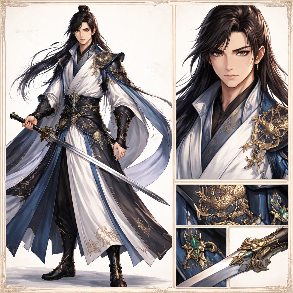 Elegant Wuxia Swordsman Design Sheet のQwen Imageプロンプト例: Generates a polished fantasy character reference-style illustration of a noble male swordsman with full-body view and...