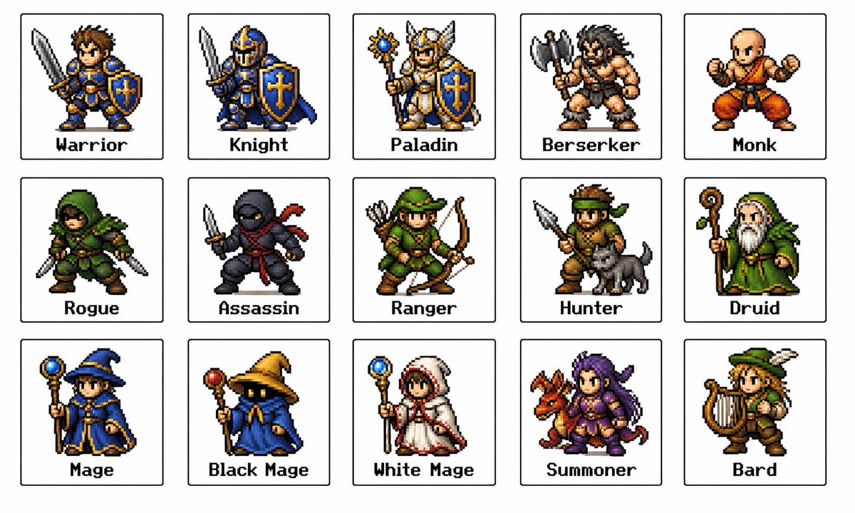 Retro Fantasy Class Sprite Grid GPT Image 2 prompt example: This prompt generates a 15-panel retro pixel-art lineup of fantasy RPG job classes for class charts, social posts, and...