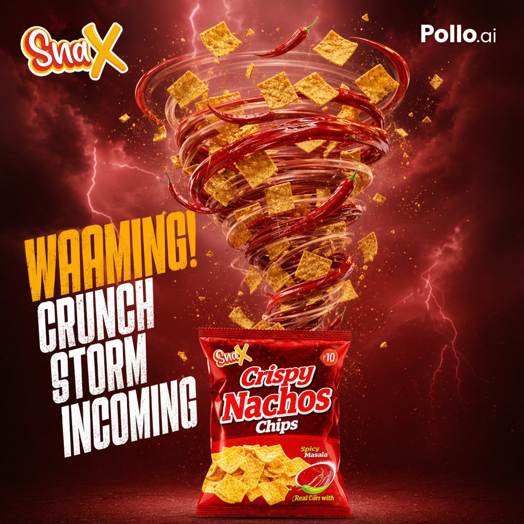 Spicy Nacho Tornado Ad Qwen Image 프롬프트 예시: A bold square snack advertisement featuring a tornado of chips and red chilies erupting from a spicy nacho bag, ideal for food...