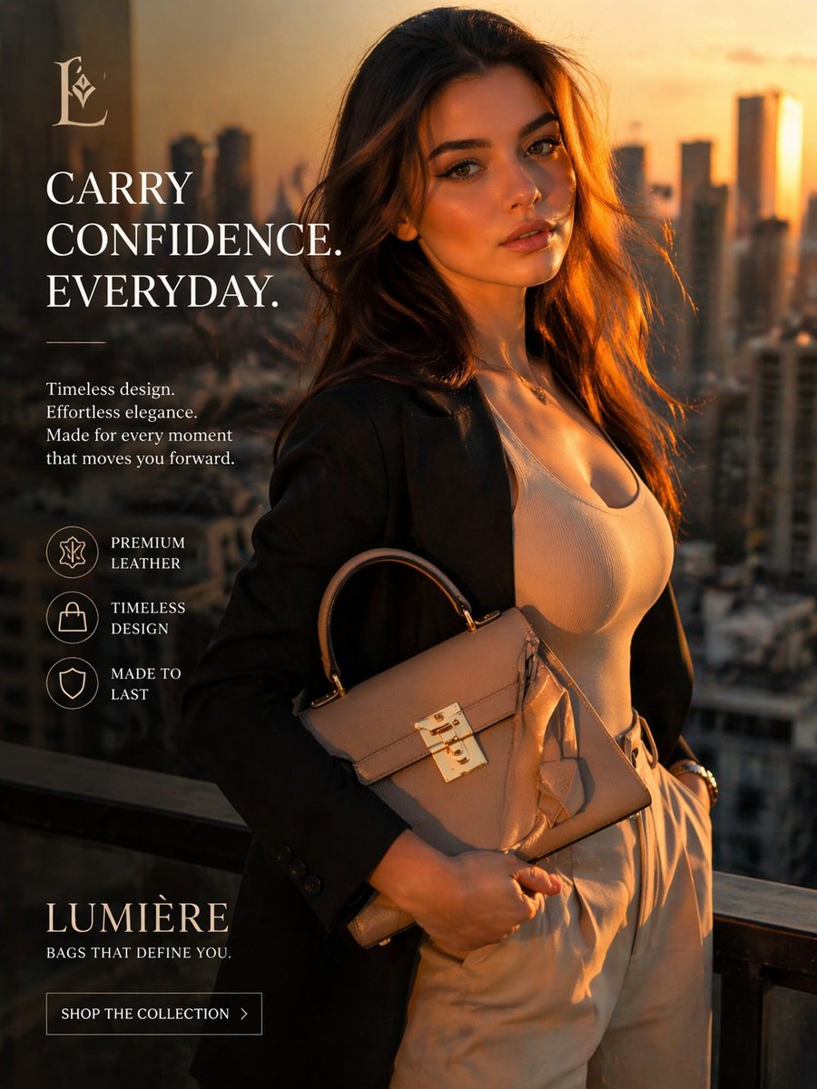Luxury Handbag Sunset Ad Qwen Image 프롬프트 예시: This prompt generates a polished vertical luxury fashion advertisement for a premium handbag brand, ideal for e-commerce campaigns...