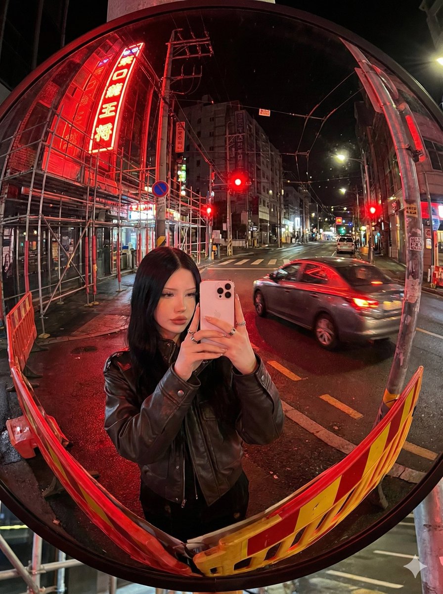 Convex Mirror Neon Street Selfie のQwen Imageプロンプト例: This prompt generates a realistic fisheye-style night street selfie reflected in a roadside convex mirror, ideal for cinematic...