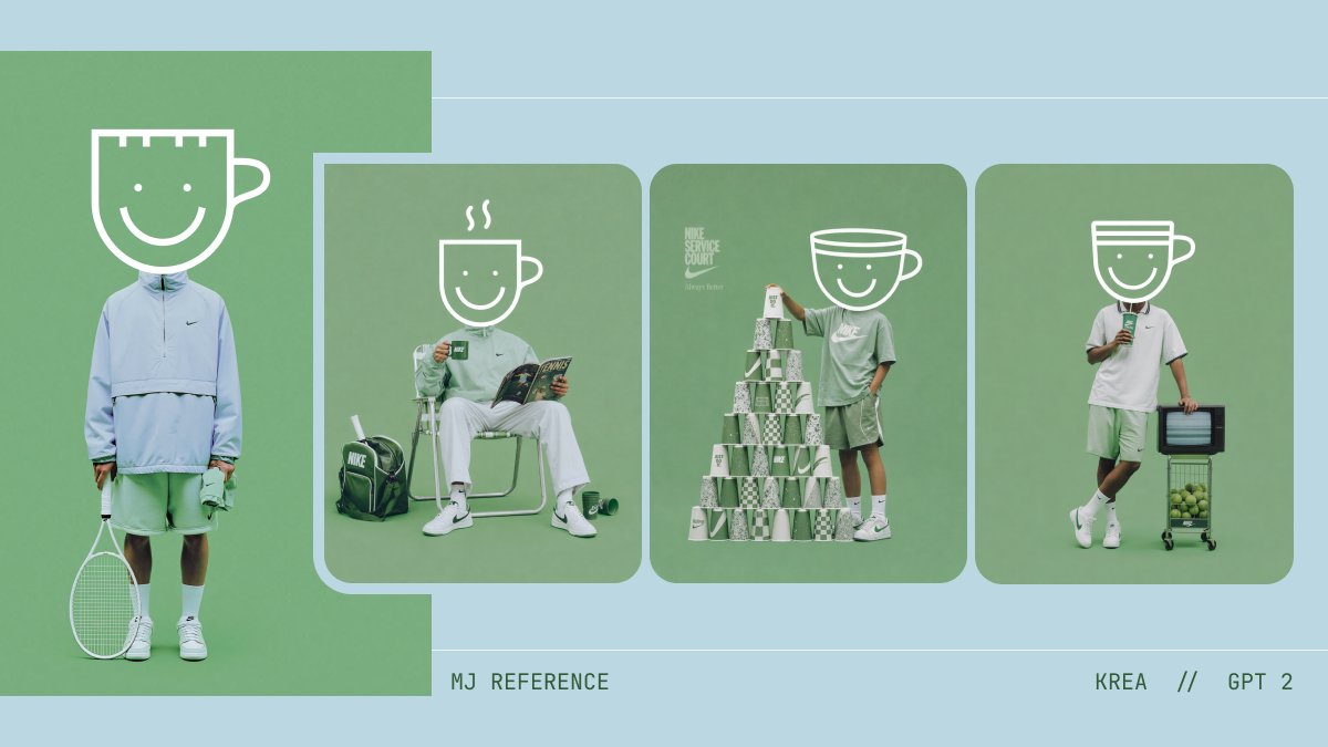 Monochrome Tennis Streetwear Moodboard Qwen Image prompt example: This prompt generates a polished four-panel editorial fashion collage with consistent green tones and surreal...