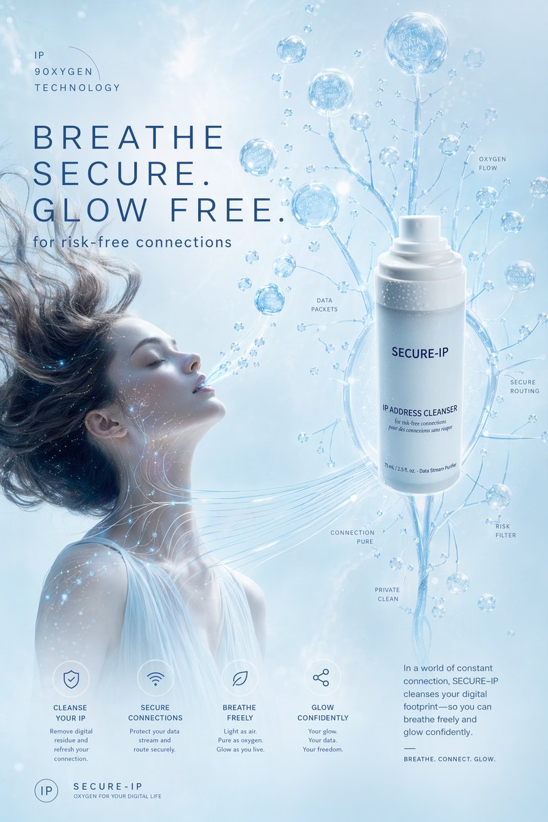 Futuristic Secure-IP Ad Poster Qwen Image 프롬프트 예시: A premium sci-fi wellness advertisement poster combining a censored female portrait, a floating tech-beauty spray bottle, and...