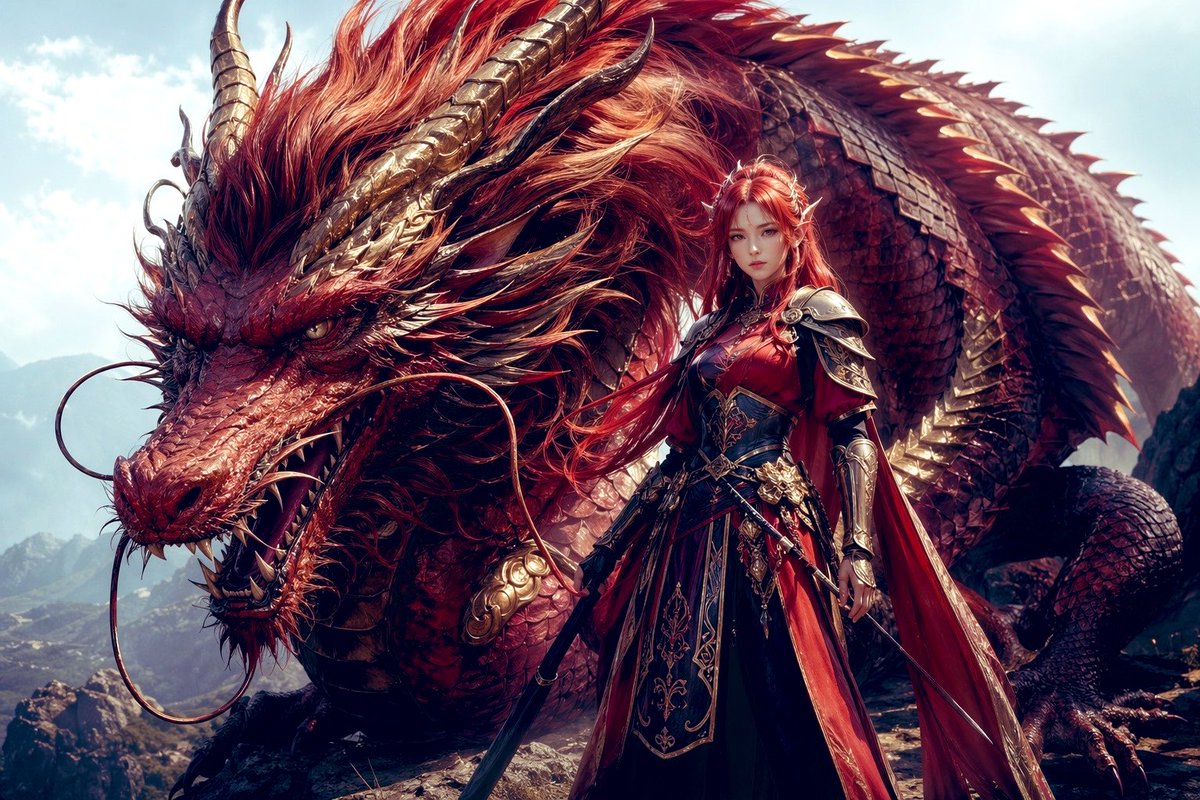 Dragon Knight and Crimson Dragon GPT Image 2 prompt example: An epic fantasy key-art prompt for generating a heroic armored woman posed with a colossal red dragon in a cinematic...