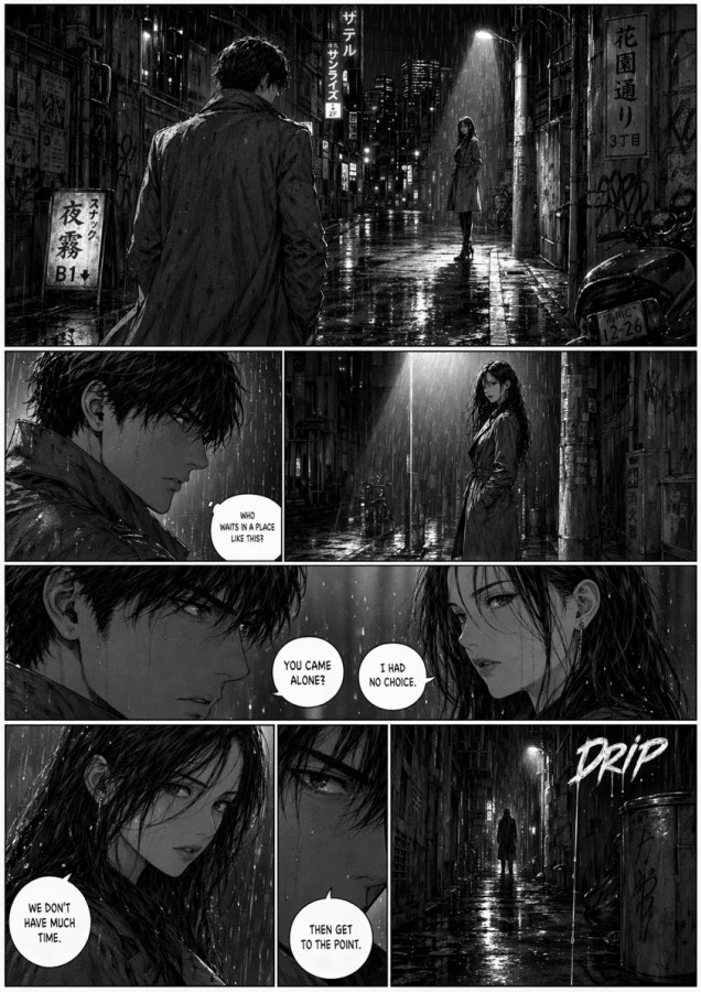 Rainy Noir Manga Alley Page Qwen Image prompt example: A cinematic black-and-white manga page showing a tense nighttime meeting in a rain-soaked Japanese alley, ideal for crime...