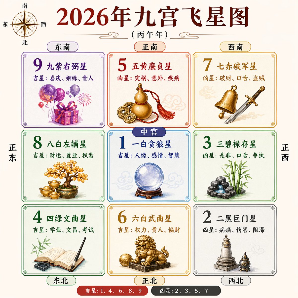2026 Nine Palaces Flying Star Chart Qwen Image 프롬프트 예시: This prompt generates a polished Chinese feng shui annual flying star infographic poster for reference, educational...