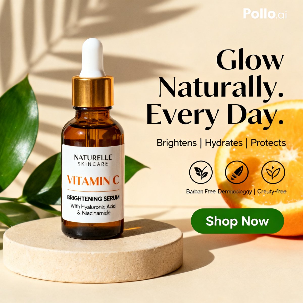 Vitamin C Skincare Ad Qwen Image 프롬프트 예시: A polished square skincare product advertisement showing a vitamin C serum bottle with botanical styling, bold headline text, benefit...