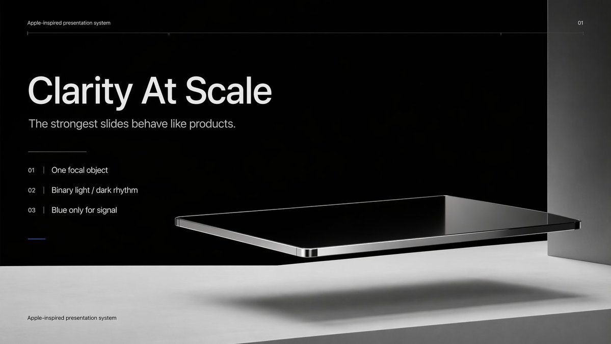 Apple-Style Minimal Presentation Cover Qwen Image prompt example: This prompt generates a sleek Apple-inspired presentation title slide with editorial typography and a floating...