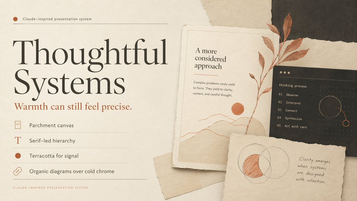 Thoughtful Systems Presentation Cover GPT Image 2 prompt example: A warm editorial slide cover for AI or product design presentations, using parchment textures, serif typography,...