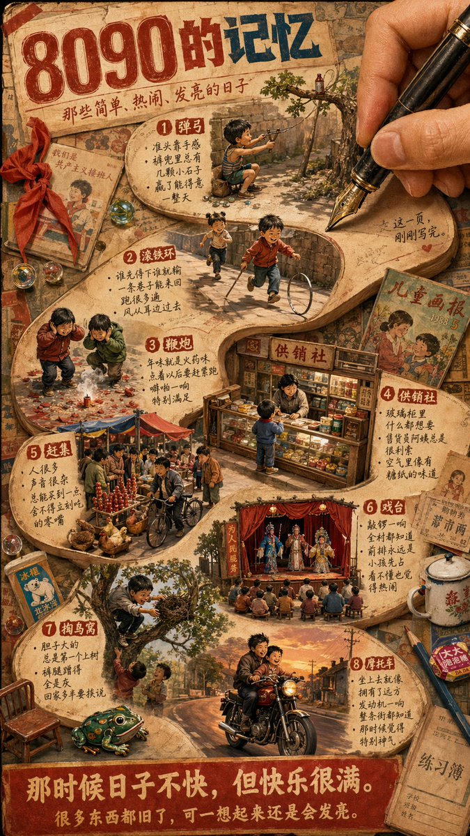 Nostalgic 80s 90s China Memory Poster 的 Qwen Image 提示词示例图:A warm retro collage poster depicting eight iconic childhood memories from 1980s–1990s China, ideal for nostalgic...