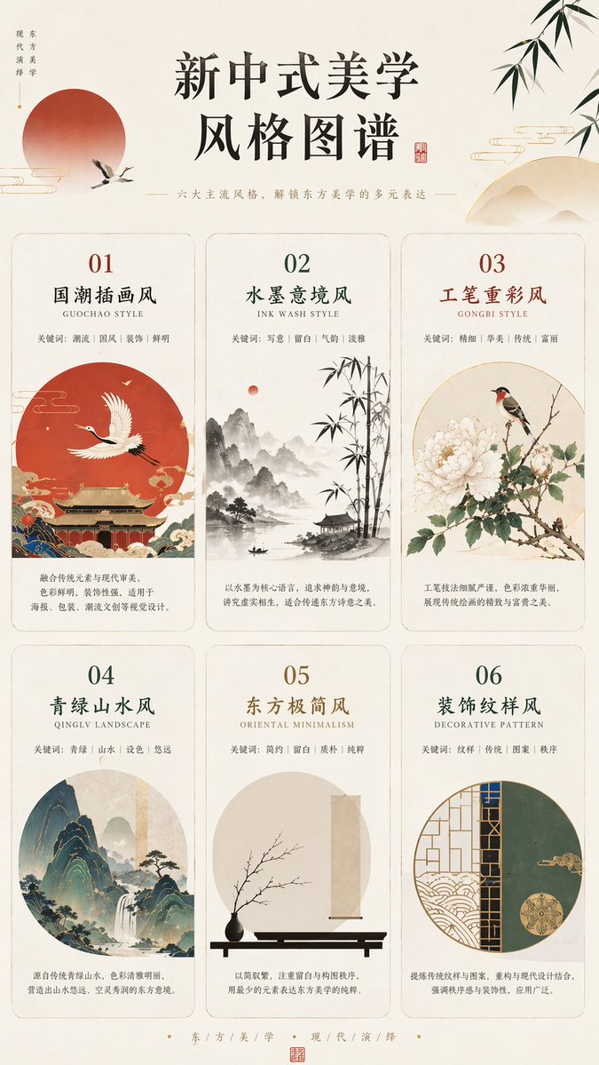 New Chinese Aesthetics Style Chart Qwen Image 프롬프트 예시: This prompt generates a refined infographic poster presenting six major new Chinese visual styles for editorial...