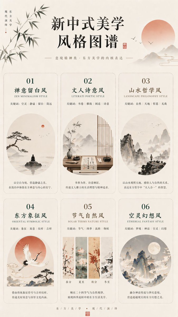 New Chinese Aesthetics Style Atlas のQwen Imageプロンプト例: A refined editorial infographic poster presenting six distinct new Chinese aesthetic styles, useful for mood boards, brand...