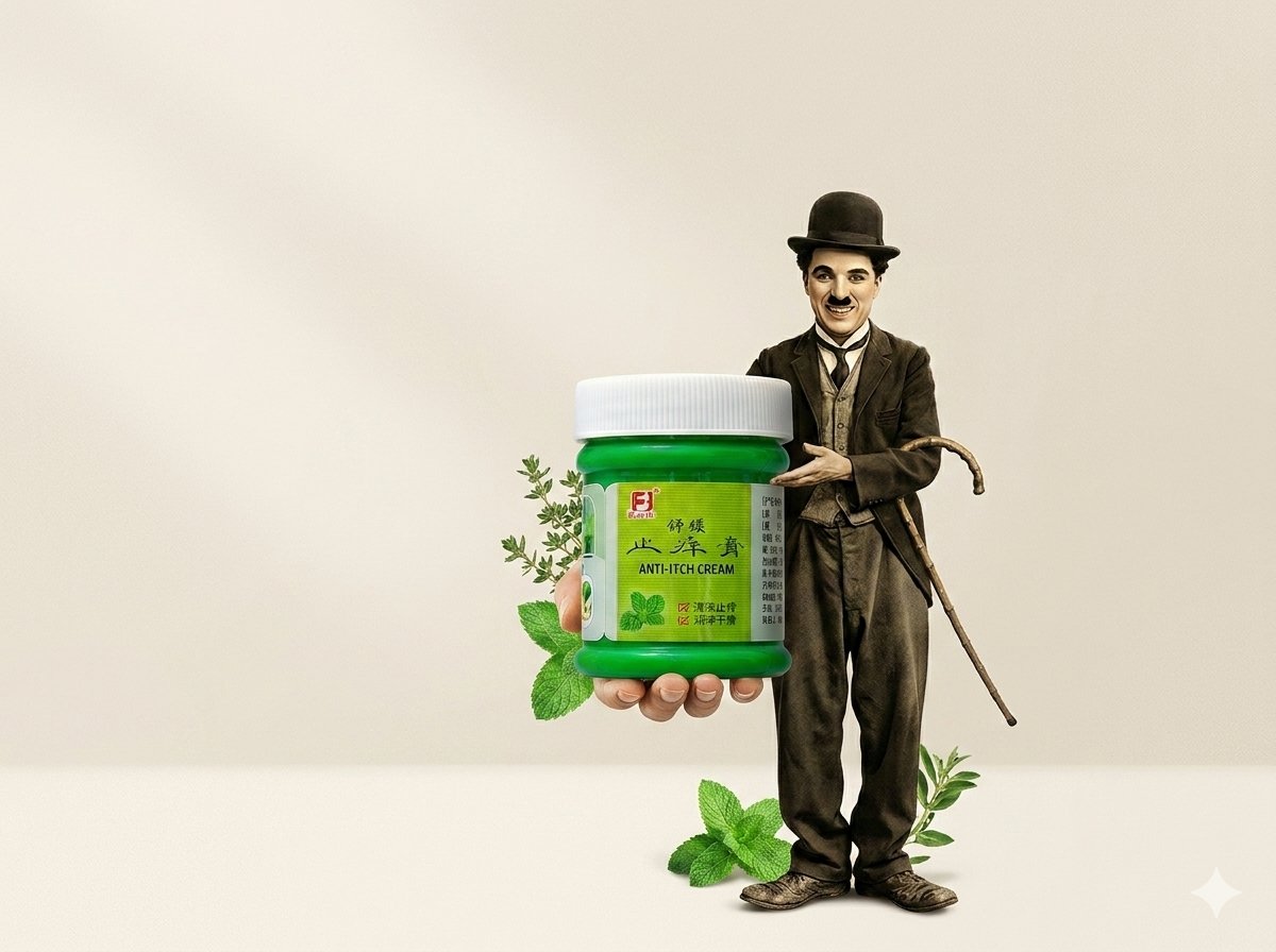 Minimal Anti-Itch Cream Poster Qwen Image prompt example: This prompt generates a clean minimalist product poster featuring a Chaplin-like vintage figure presenting a large...