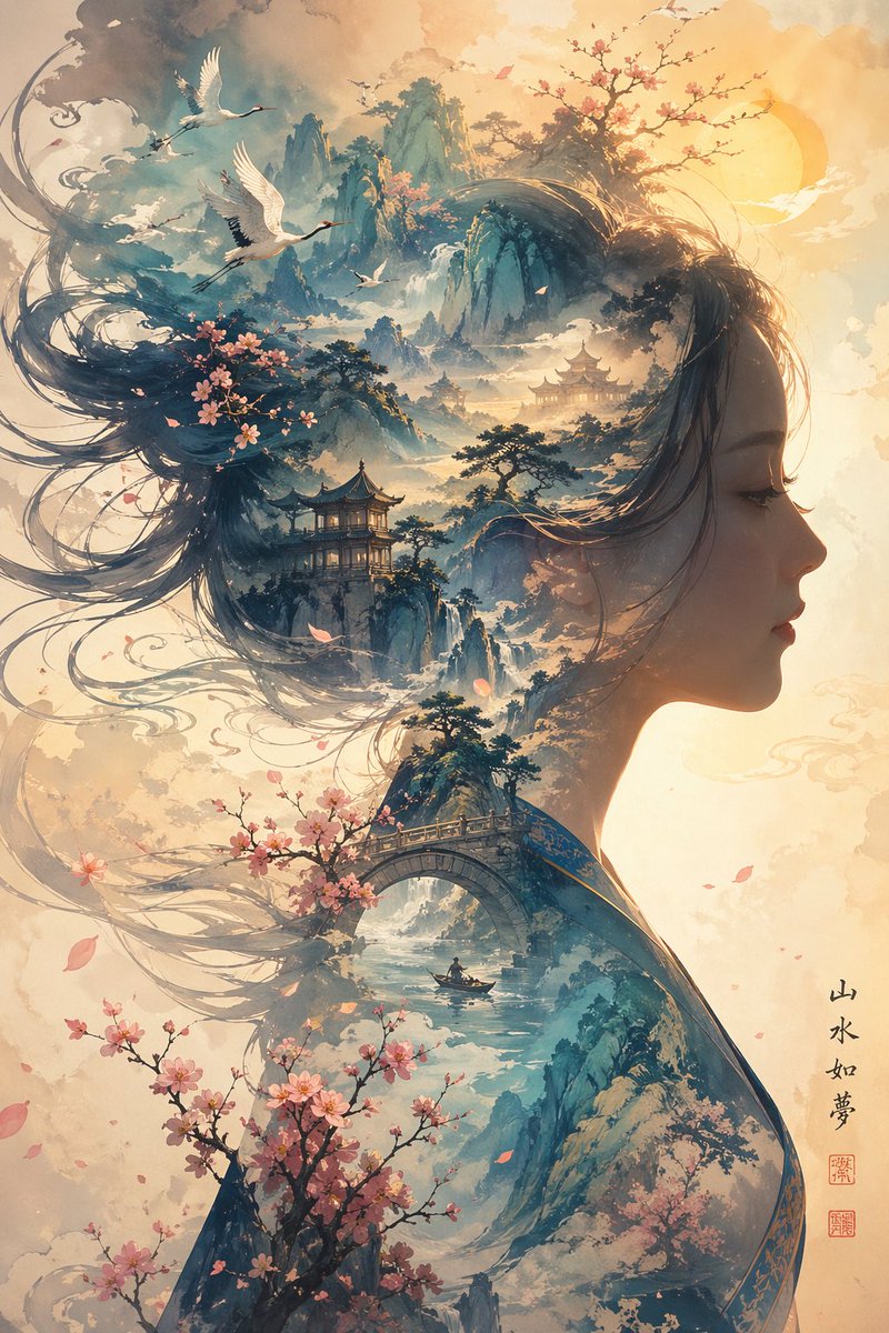 Dreamlike Shanshui Woman Silhouette GPT Image 2 prompt example: This prompt generates an elegant East Asian fantasy portrait-landscape hybrid, ideal for fine-art posters, book...