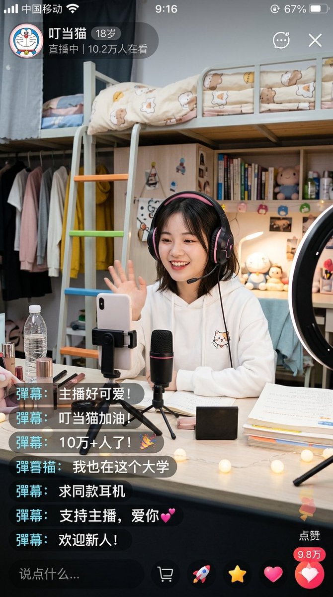 Chinese Dorm Livestream Screenshot Qwen Image prompt example: This generates a photorealistic mobile livestream app screenshot of a college girl streaming from her dorm room,...