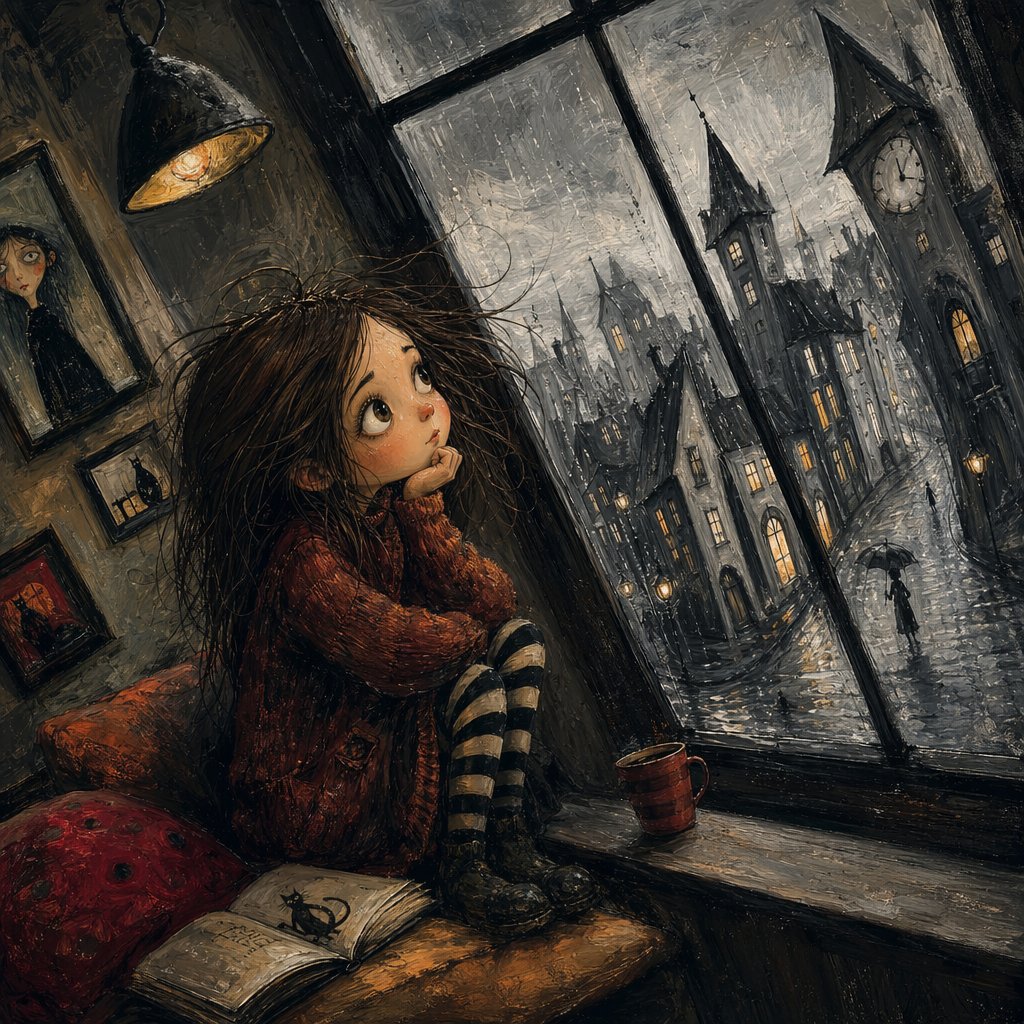 Gothic Girl at Rainy Window のQwen Imageプロンプト例: This prompt generates a melancholic dark-fantasy illustration of a child by a window overlooking a rainy gothic town, ideal for...