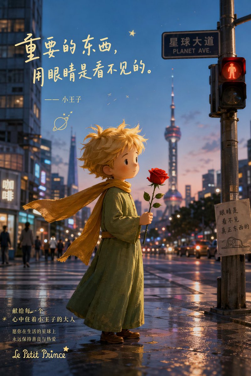Little Prince Shanghai Rain Poster Qwen Image prompt example: A poetic cinematic poster of a Little Prince-like child holding a rose in a rainy Shanghai street, ideal for...
