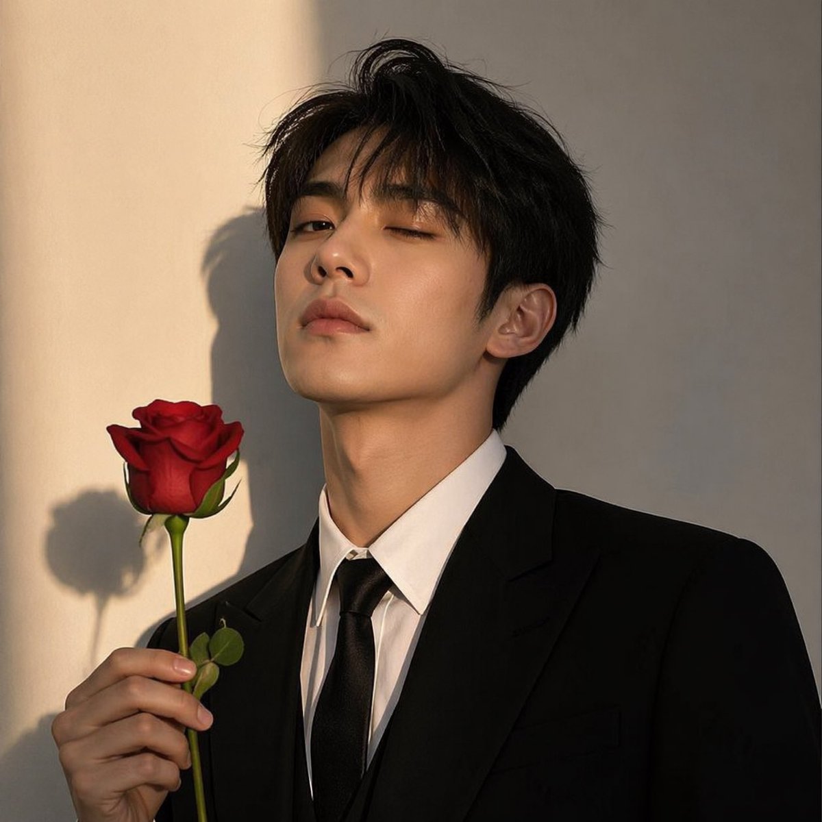 Sunlit Suit Portrait With Red Rose Qwen Image prompt example: This prompt generates a cinematic fashion-style portrait of a young man in formalwear holding a single red rose,...