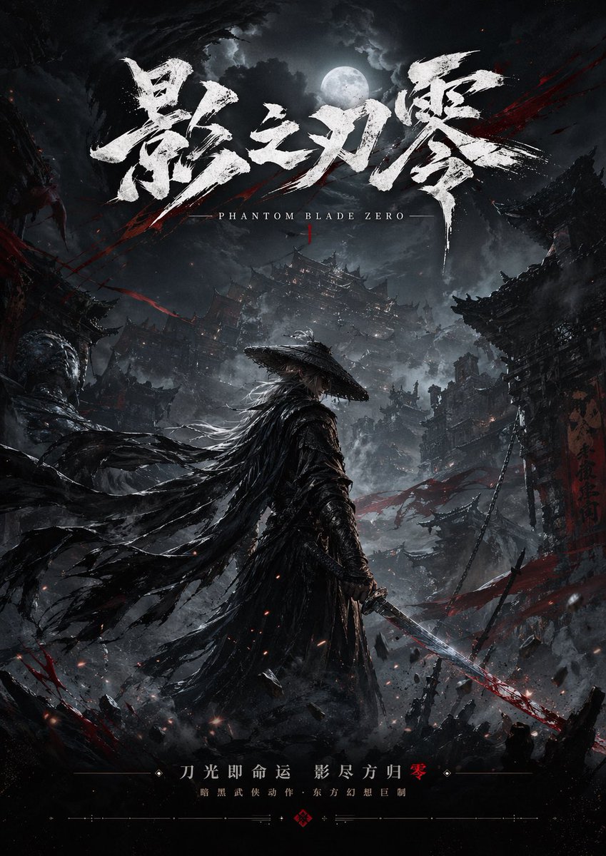 Dark Wuxia Game Poster 的 Qwen Image 提示词示例图：A moody AAA-style promotional poster of a lone swordsman in a ruined ancient Chinese city, ideal for dark fantasy game key art and...