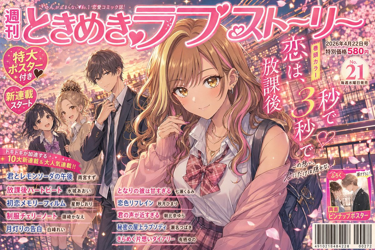 Shoujo Manga Magazine Cover Qwen Image prompt example: A richly detailed anime-style Japanese romance magazine cover, ideal for generating editorial-looking shoujo artwork with...