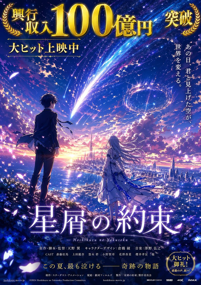 Blockbuster Anime Sky Fantasy Poster 的 Qwen Image 提示词示例图:A dramatic Japanese anime film poster featuring two youths beneath a comet-filled sky, ideal for generating fictional...