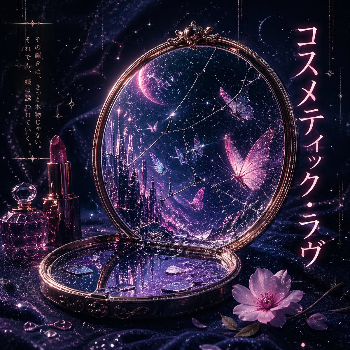 Cosmic Broken Compact Album Cover Qwen Image prompt example: This prompt generates a luxurious fantasy music-cover image featuring a cracked compact mirror, cosmic butterflies,...