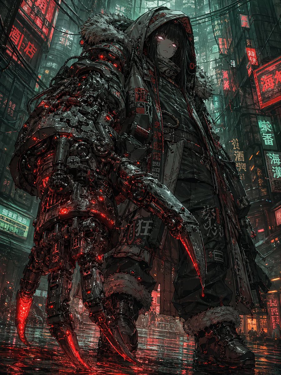 Cyberpunk Girl with Giant Claw Arm Qwen Image prompt example: This prompt generates a dramatic anime-style cyberpunk character portrait, ideal for concept art of a lone...