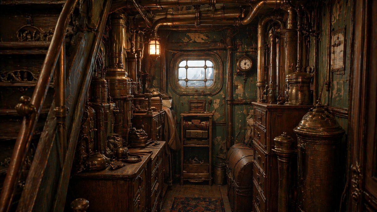 Steampunk Ship Cabin Interior GPT Image 2 prompt example: This prompt generates a richly textured cinematic steampunk interior scene, ideal for concept art, environment design,...